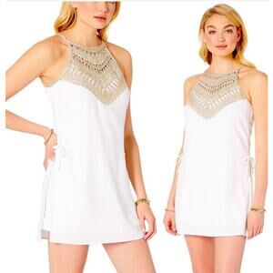 Lilly Pulitzer Pearl White Sleeveless Romper Gold Crochet Halter Neck Size 10